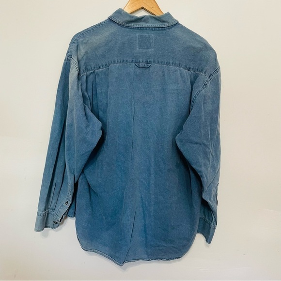 VINTAGE | Woven Chambray Oversized Slouchy Washed Out Faded Distressed Shirt Top - Picture 4 of 6